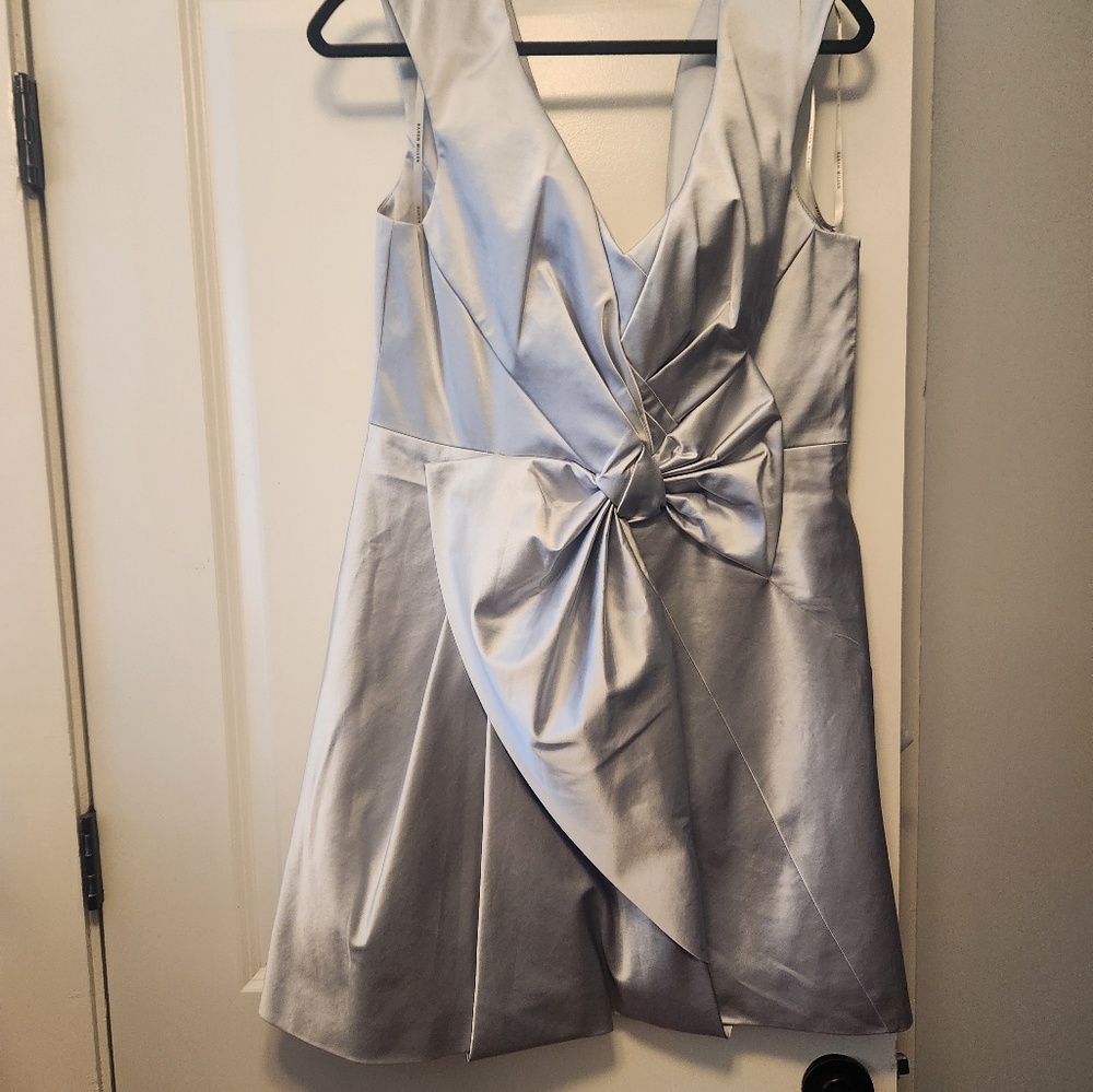 Karen Millen Silver Satin Midi Dress with Knot Detail
